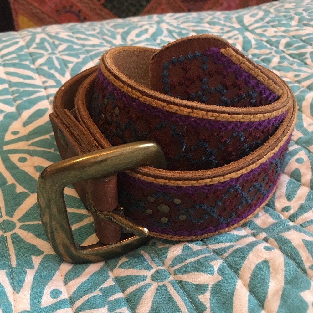 Lucky Brand Leather Belt with Embroidered Pattern